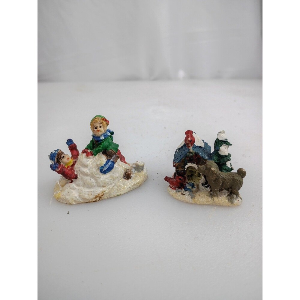 Lot of 2 Vintage Town Christmas Village Figurines Dog House And Kids Playing